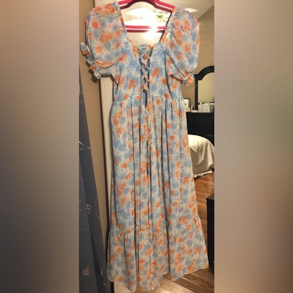 Blue White & Orange Maxi Dress with tie back - Picture 2 of 3
